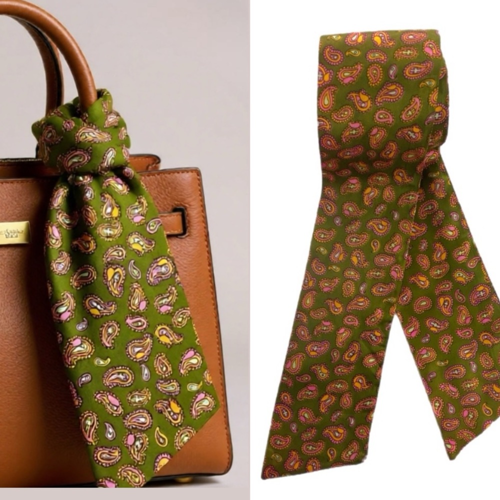 Preppy Twilly Style Scarf in Olive, Pink Paisley